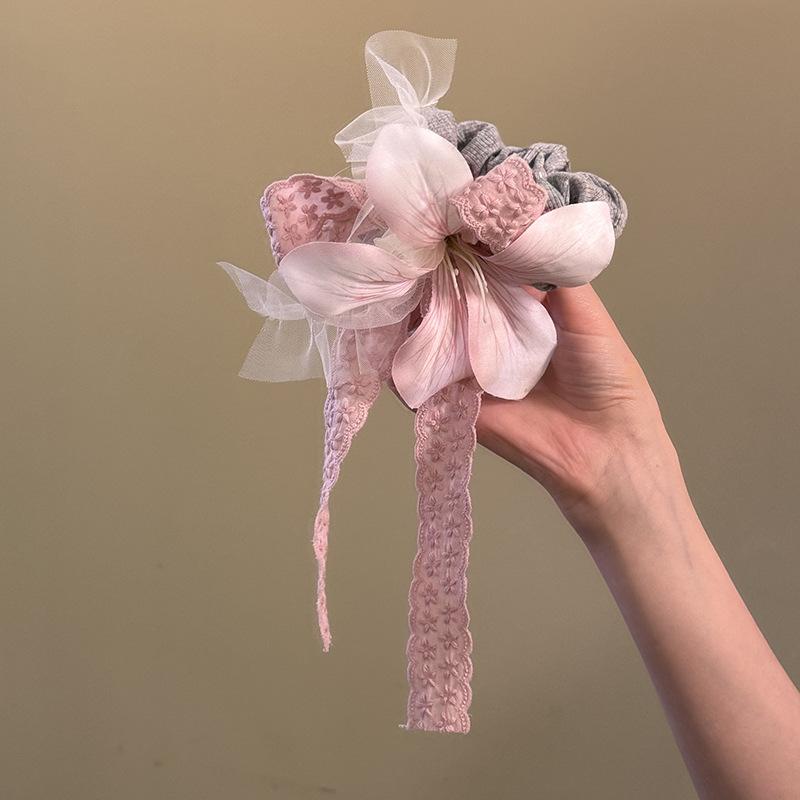 Fabric flower lace tassel large intestine hair band sweet versatile hair rope niche temperament high-end hair accessories women