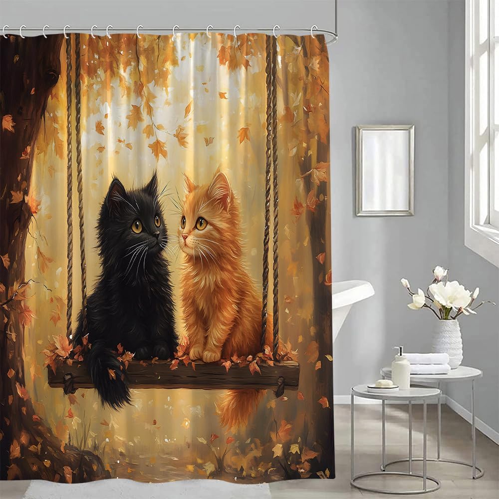 Tenda Doccia Gatto Autunnale Gattino Carino Giallo Arancio Foglie d'Acero Foglia Cadente Autunno Animale Divertente Rustico Fattoria Ringraziamento