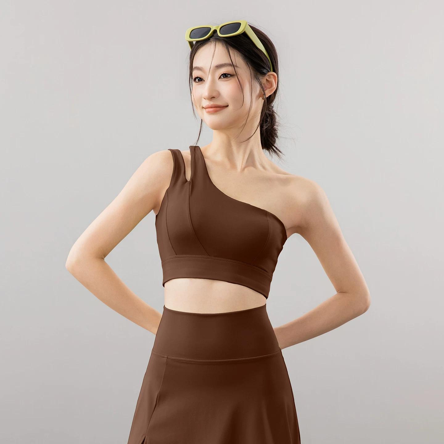 European and American Spring and Autumn New Style One-Shoulder Fitness Bra for Women, Sports Casual One-Shoulder Yoga Fitness Sports Skirt Two-Piece S коричневый