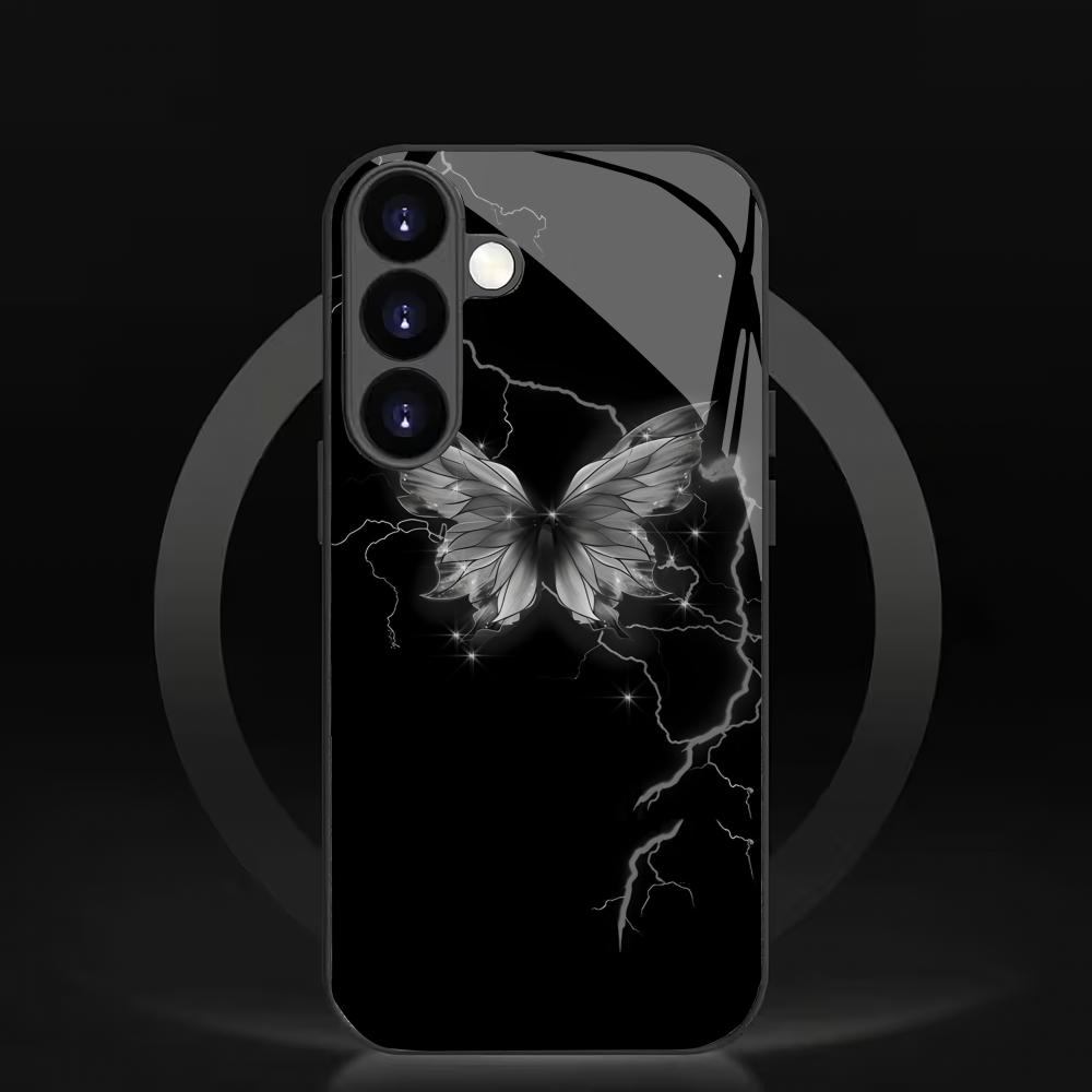 Black Butterfly Pattern Tempered Glass Phone Case Suitable for Samsung GalaxyS26 S25 S24 S23 S22 S21 S20FE/Ultra/Plus5Ganti Drop