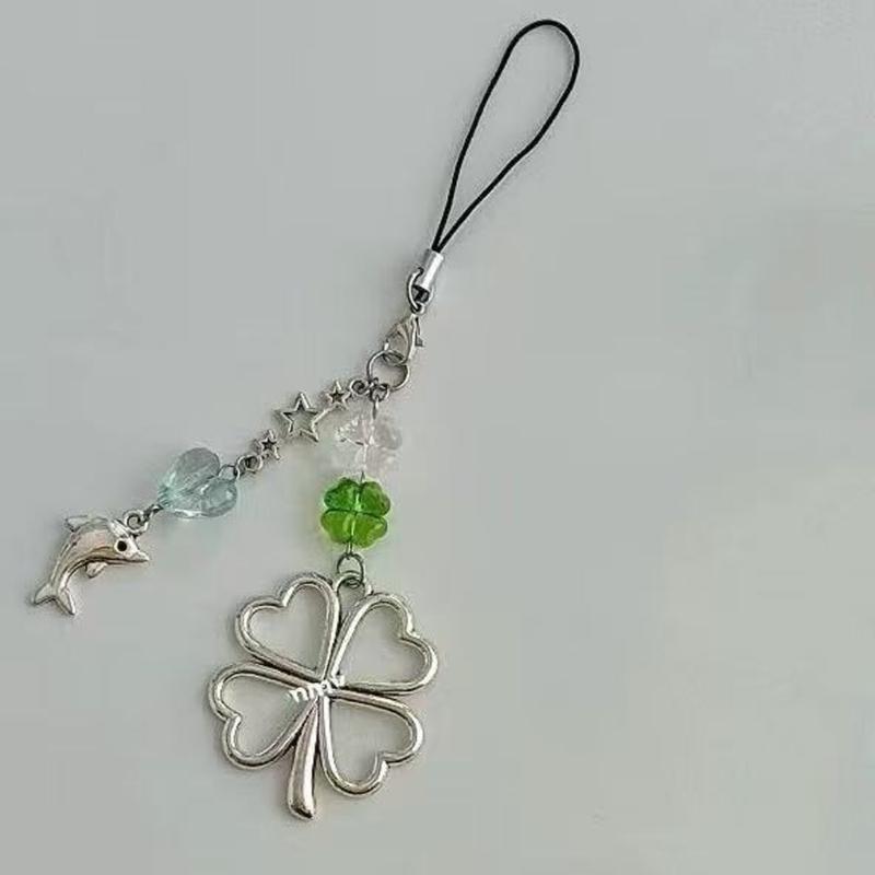 Large Four Leaf Clovers And Dolphin Charm Silver Alloy Keychain For Phone Bag Or Keys Keyring Decoration