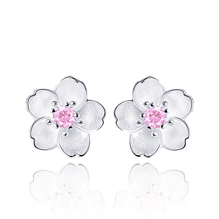 Jewelry Sterling Silver Earrings Cherry Blossom Inlaid Pink Zirconia Ear Studs Simple And Popular Earrings For Women