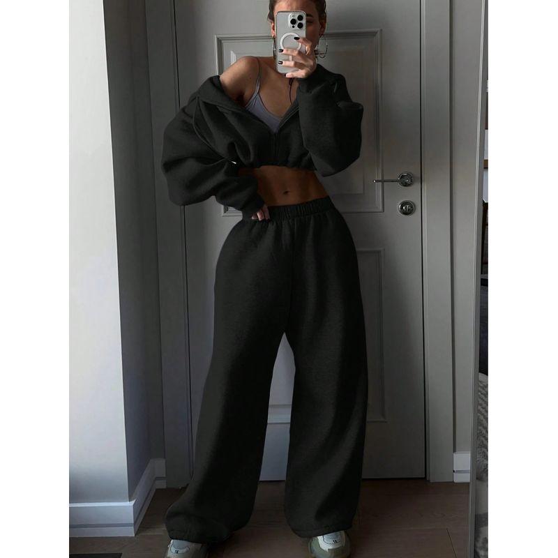 Western Style Fashion Casual Loose Hood Short Jacket Trousers Set Hooded Top and Pants Set