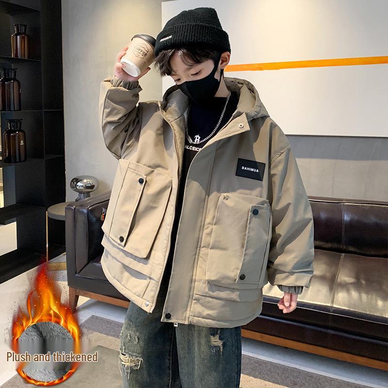 

Мальчиковая зимняя куртка 2025 с флисовой подкладкой: Крутая, плотная рабочая парка 120 cm хаки