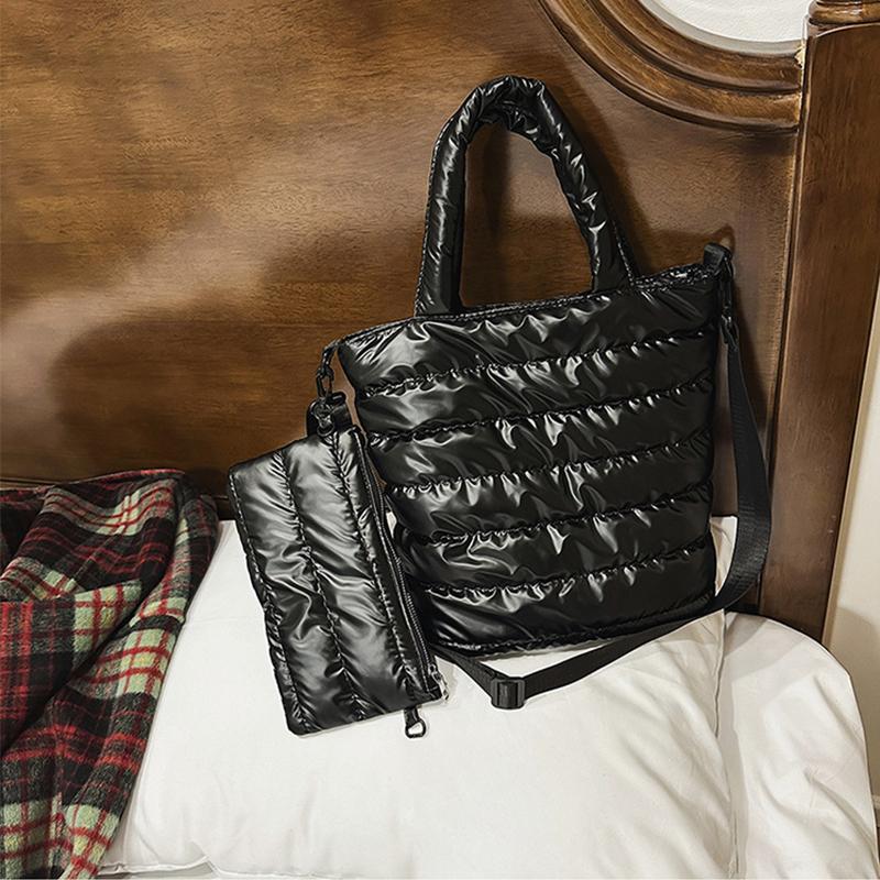 

Yogodlns Winter Space Cotton Tote Bag For Women Fashion Casual Messenger Bag Designer Puffy Handbag Large Capacity Shoulder Bag 27x13x31cm чёрный