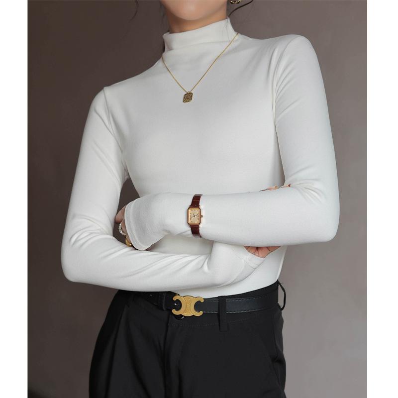 Half High Neck German Velvet and Velvet Base Shirt for Women Autumn and Winter Slim Fit Solid Color Base Coat Black Tight Long Sleeved Shirt