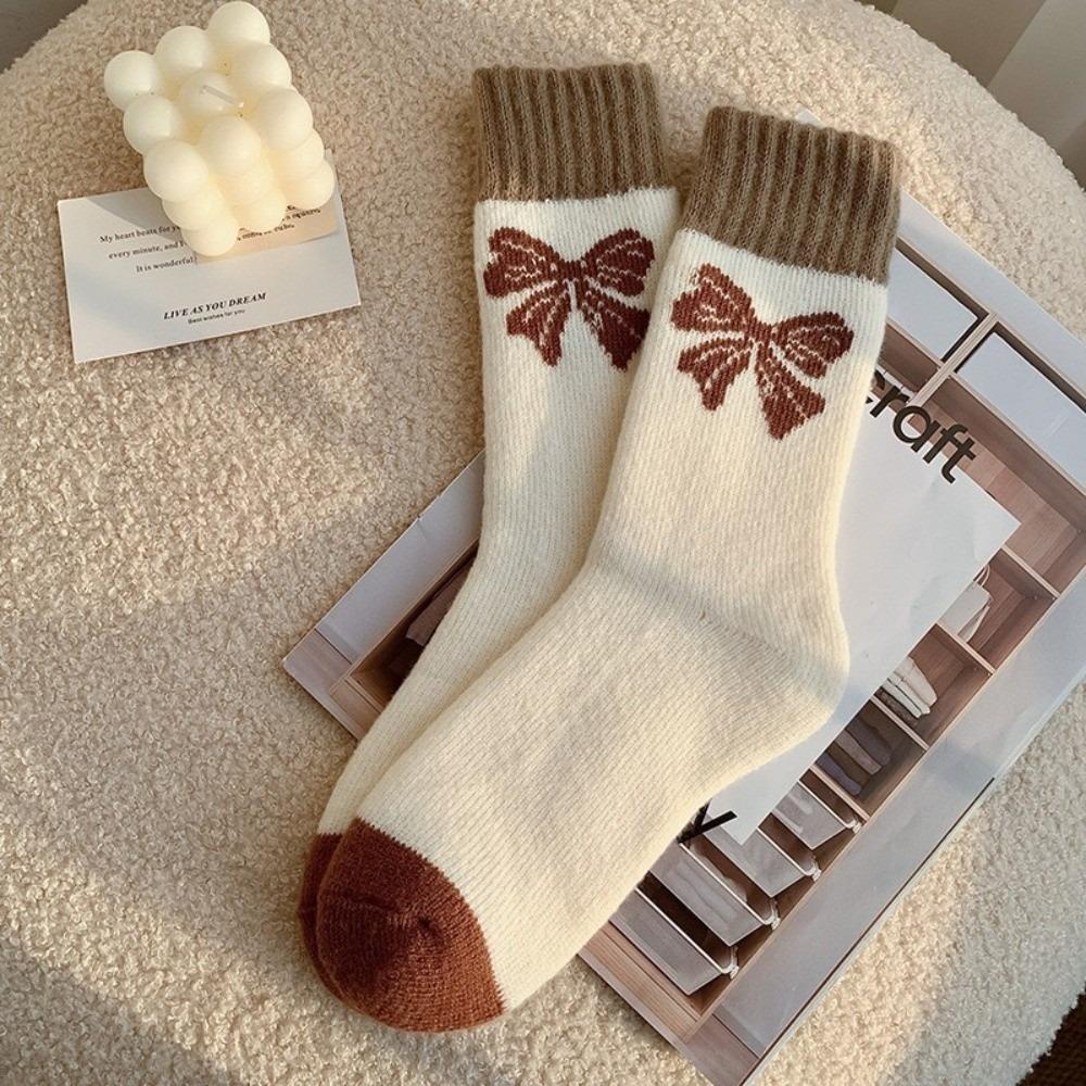 Knitted Cotton Women's Socks Bow Snow Boot Socks New Middle Tube Socks  Autumn and Winter
