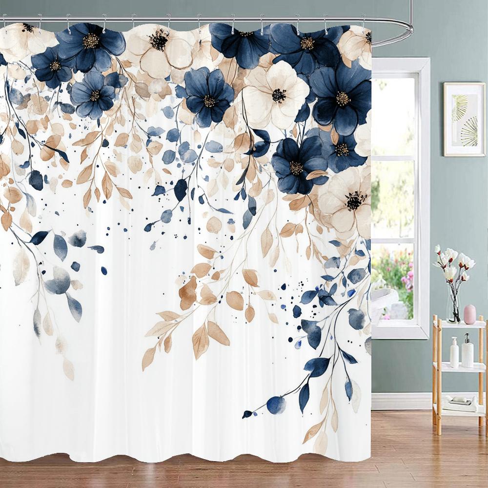 Blue Floral Shower Curtain, Bathroom Decorative Shower Curtain, Printed Polyester Fabric Shower Curtain with Hooks