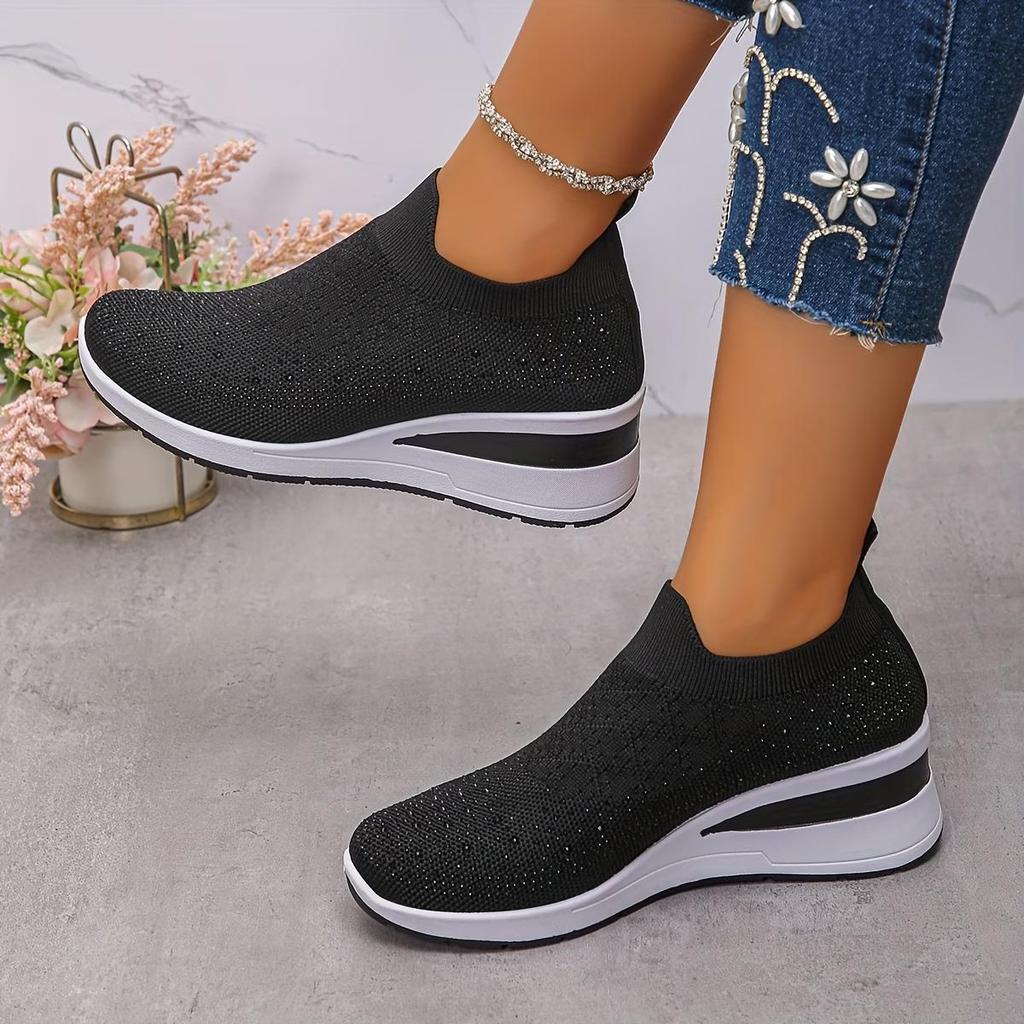 Women's Rhinestone-Decorated Thick-Sole Sneakers - Sparkling Rhinestone Low-Top Slip-On Shoes Mesh-woven Breathable Sports Shoes