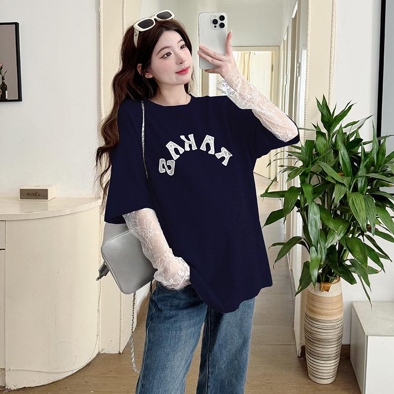 2026 Spring Korean Style Maternity Top: Loose Fit, Casual, Letter Embroidery, Patchwork Lace, Fake Two-Piece Design 2XL