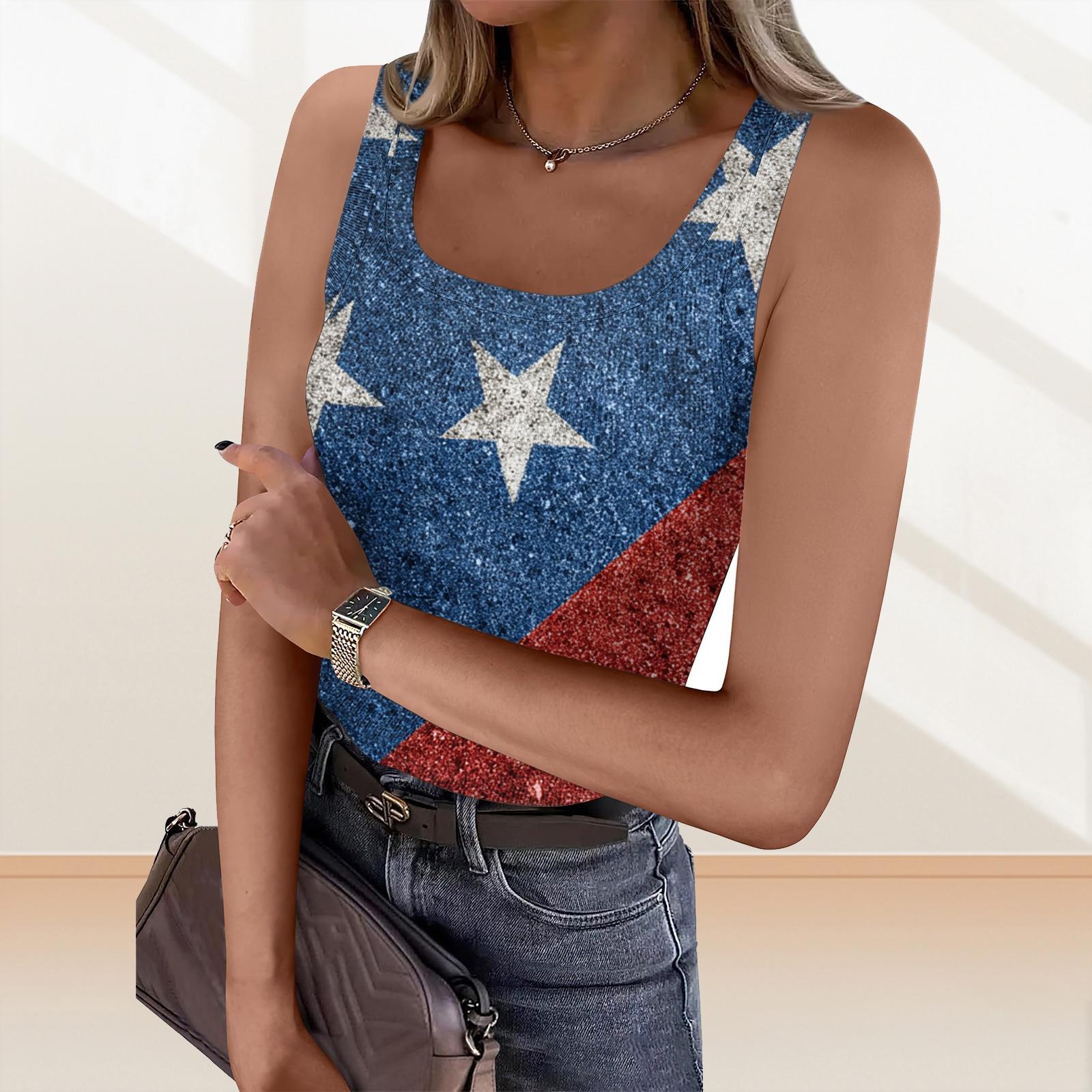 Women s Summer Fashionable Casual Independence Day Printed Round Neck Sleeveless Top Fitted Vest S
