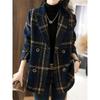 Tooxika Autumn And Winter New Retro British Style Color Matching Plaid Suit Jacket Double-breasted Woolen Coat For Women