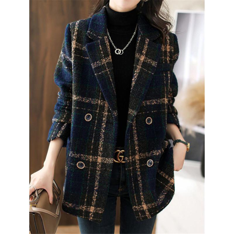 Tooxika Autumn And Winter New Retro British Style Color Matching Plaid Suit Jacket Double-breasted Woolen Coat For Women