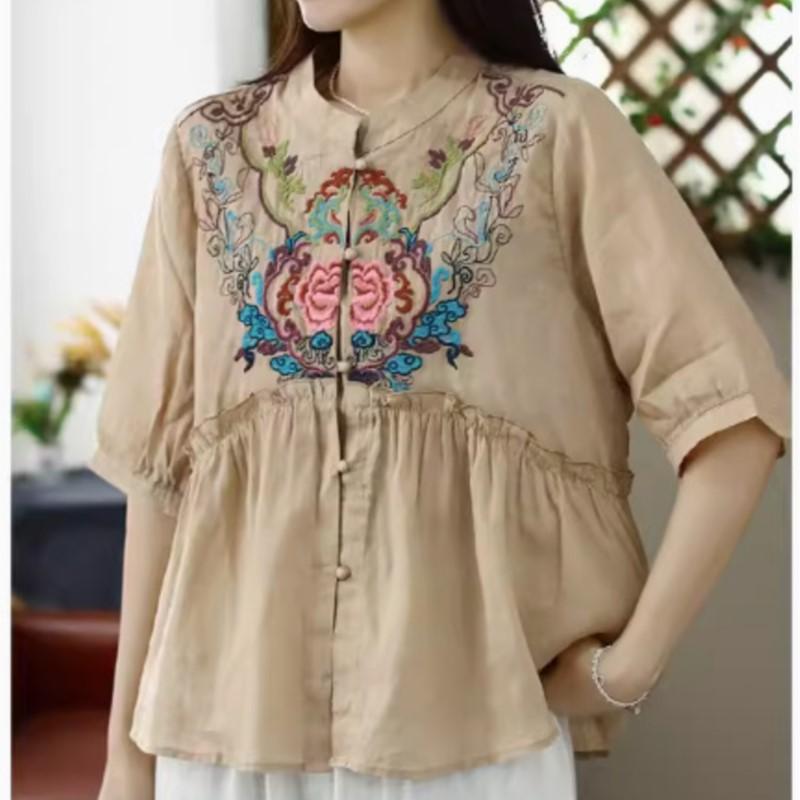 Johnature Women Embroidery Floral Vintage Shirts Tops Stand Half Sleeve Blouses