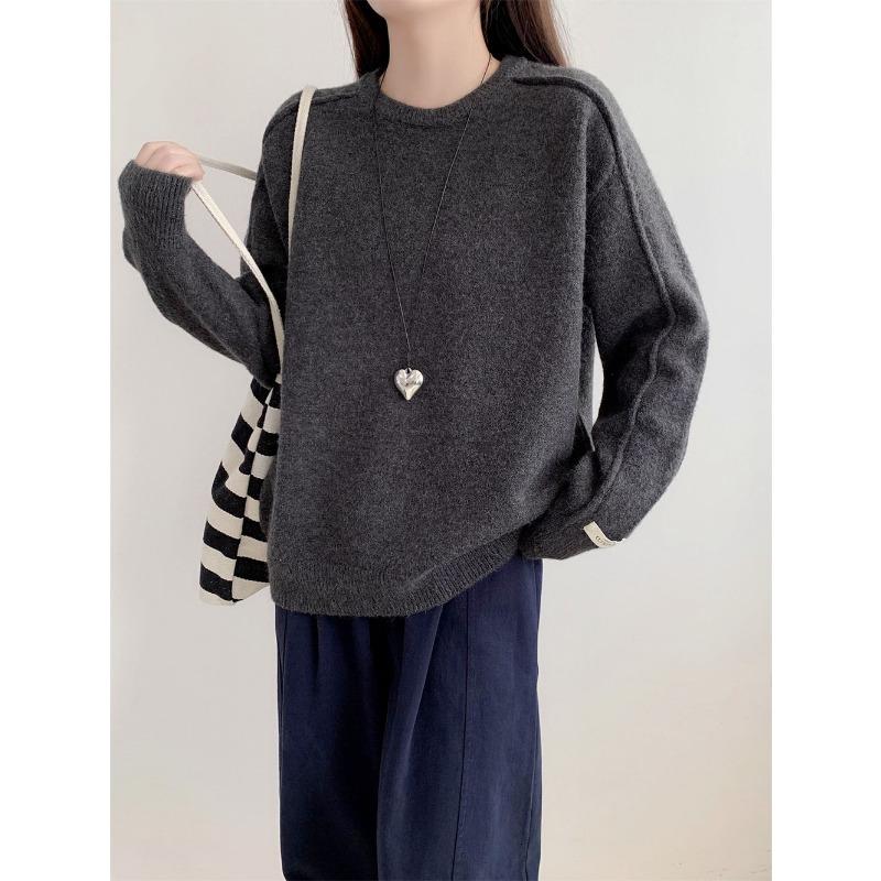Retro round neck solid color versatile pullover sweater women's autumn and winter new loose and thin knitted sweater top