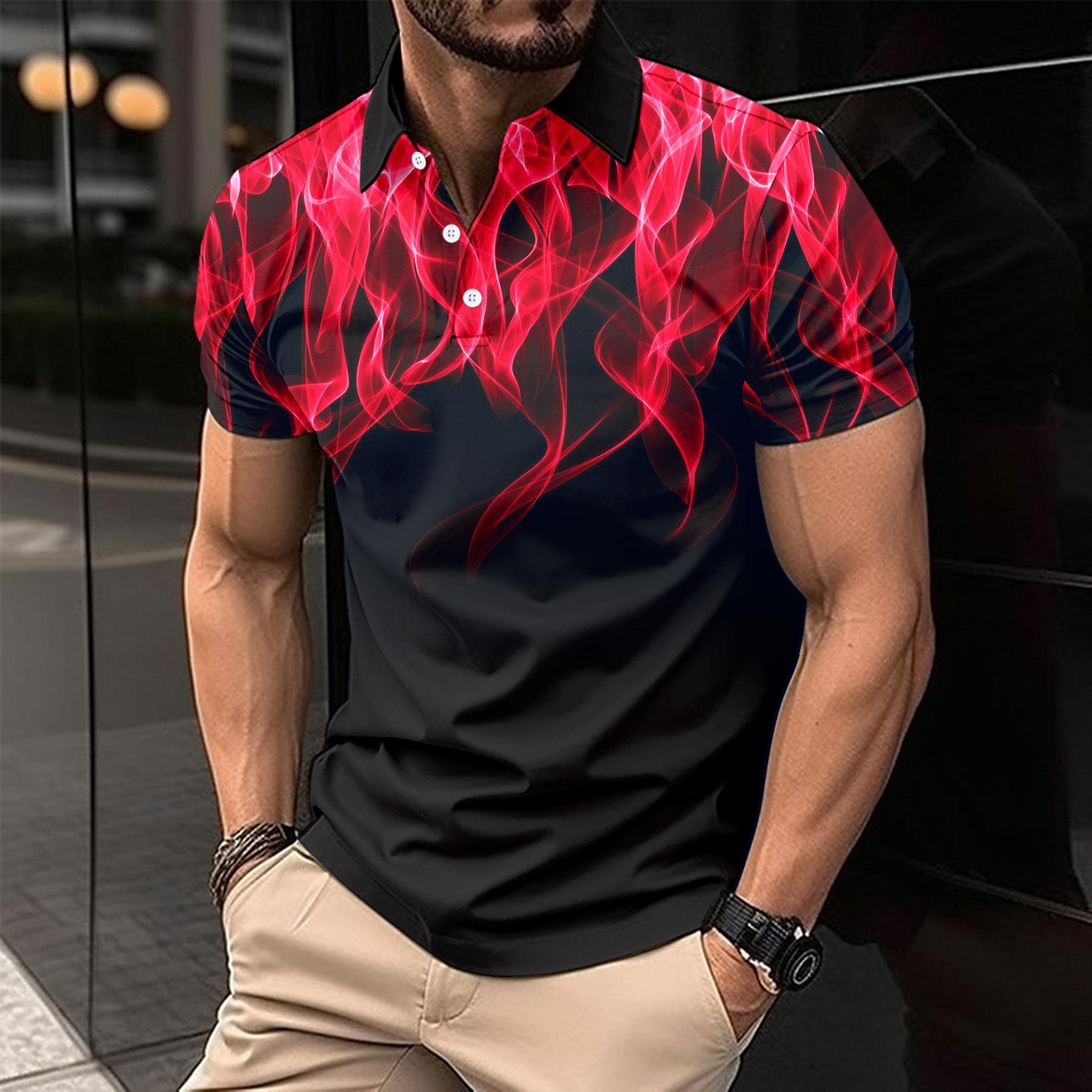 New Men s Casual Polo Shirt Lapel Button Down Business Digital Printing Slim Tops S красный
