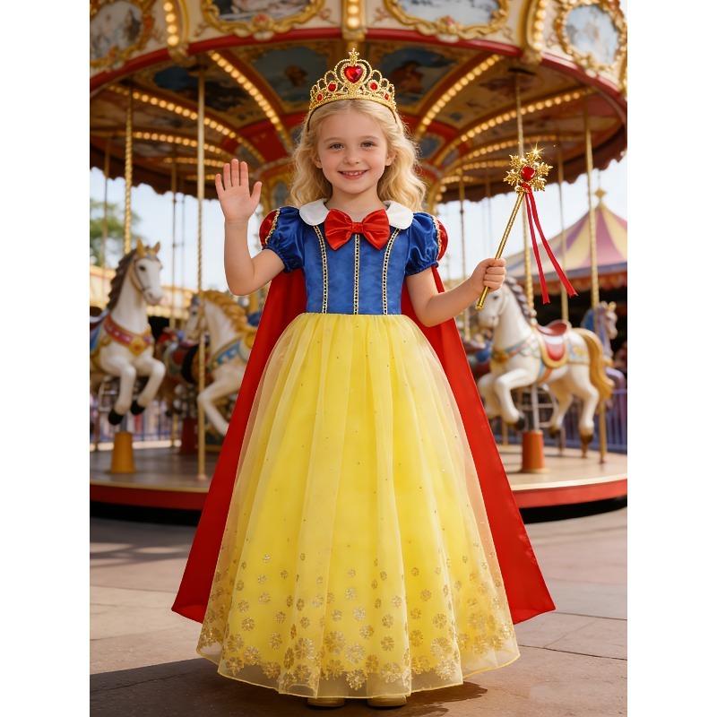 4 Stück Disney Schneewittchen Pop Prinzessinnenkleid Kostüm Sommer Outfit Strapazierfähig Blau und Gelb Farbblock Puffärmel Prinzessinnenkleid