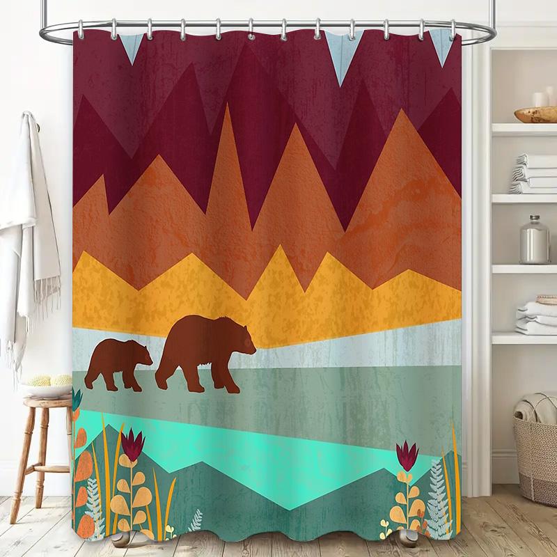 Mountain Bear Forest Shower Curtain Nature Wildlife Backdrop Bathroom Decor Rustic Woodland Theme Shower Liner Vintage Home Deco