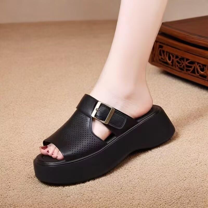 Fashion 2025 New Women'S Upper  Sandals Open Toe Roman Thick Sole Flat Sandals Hollow Breathable Comfort Slippers