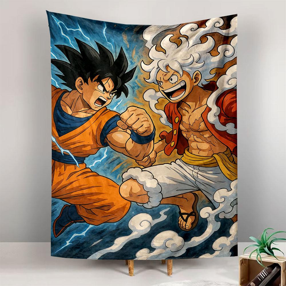 Goku vs Luffy Gear 5 Anime Crossover Wall Tapestry Dragon Ball One Piece Fist Clash Thunder Clouds Decor for Bedroom Dorm Gift