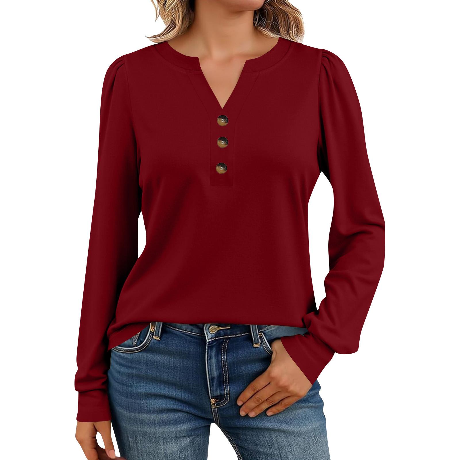 

Женские рубашки с длинным рукавом Хенли Повседневные топы Модные блузки Милые футболки L винный