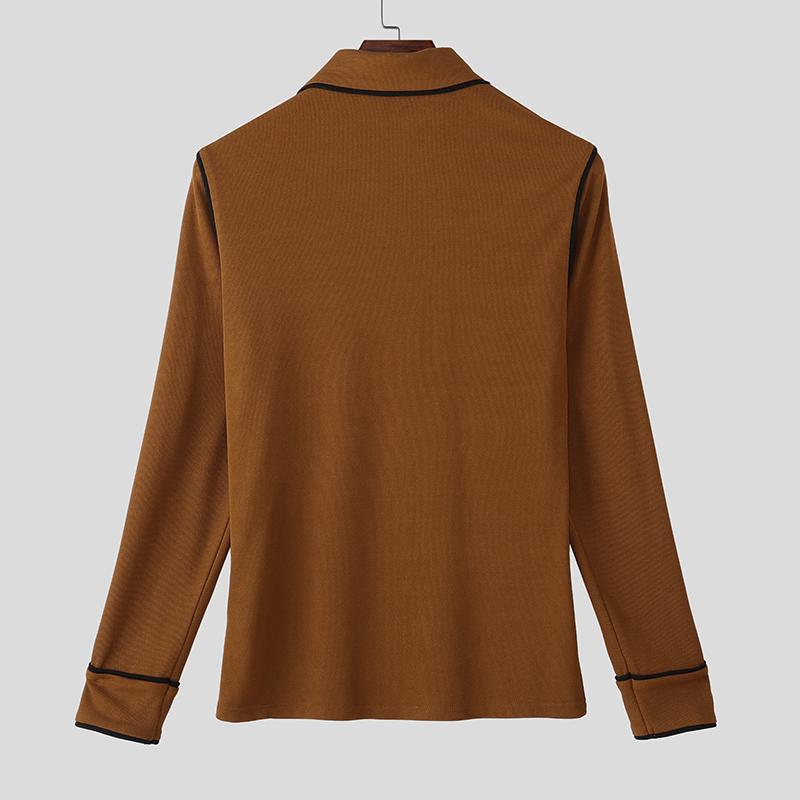 INCERUN Autumn Men's Lapel Neck Long Sleeve Stitching Rib Casual T-shirts Undershirts