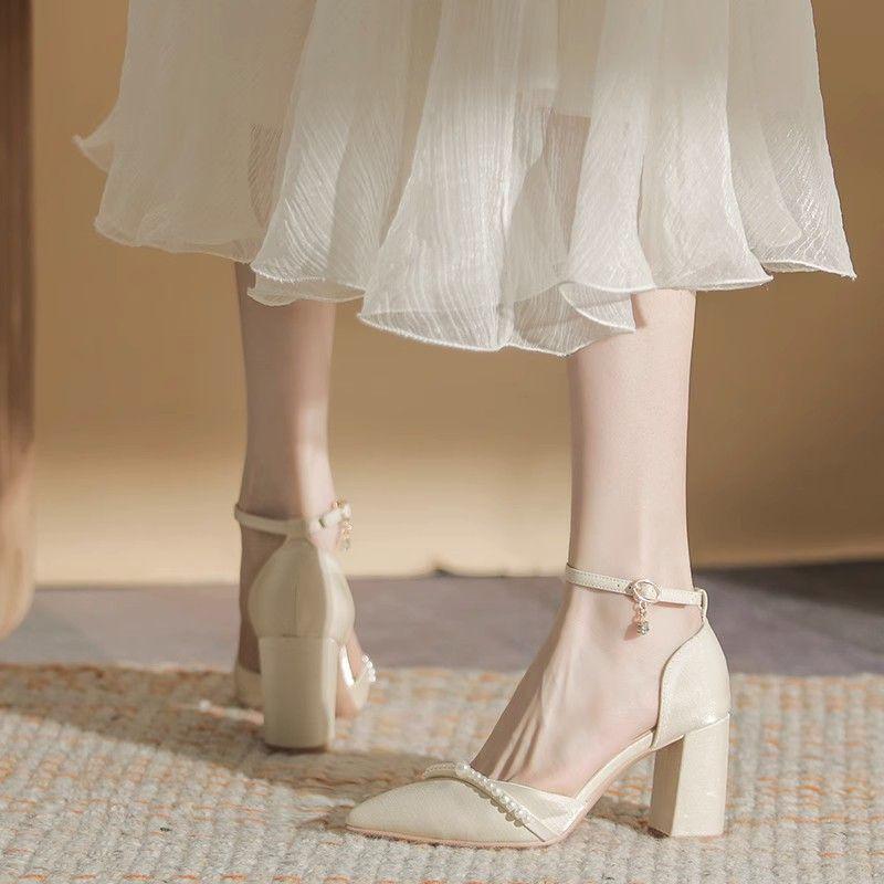 

apricot thick heel pearl high heels women s summer small design sense niche pointed hollow one-word buckle strap single shoes women 40