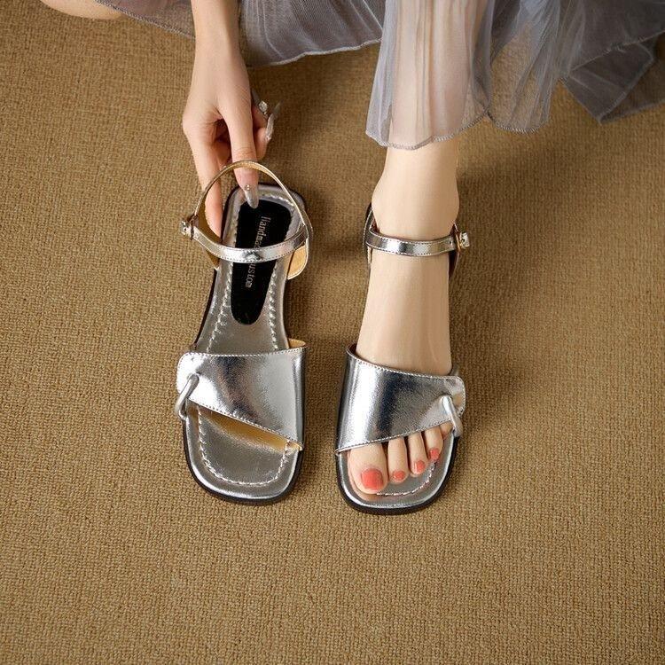 Silver one-word open-toed sandals women's flat summer new leather versatile sandals