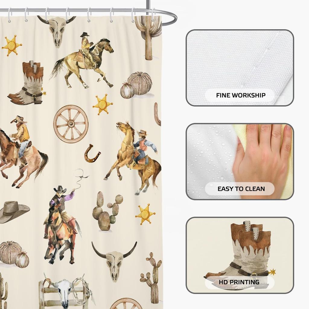 Western Cowboy Horse Shower Curtain 70X70 Inches Country Ranch Style With Cactus And Boot Pattern