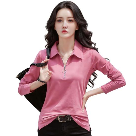 Women T-shirt Lapel Zipper Half Placket Long Sleeve Pullover Tops Solid Color Slim Fit Stretchy Casual Tee Shirt Work Party Vacation Daily Wear