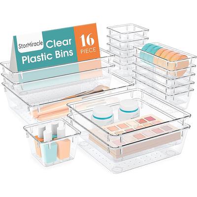 Juego de 16 Piezas Organizador de Cajones 5 Tamaños Bandejas Organizadoras para Cajones de Baño y Cocina Contenedores Transparentes de Almacenamiento para Maquillaje Joyería Utensilios y Gadgets