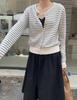 Women's 100% Pure Wool Striped Cardigan with Gold Buckle - Korean Style Versatile Knitwear Sweater