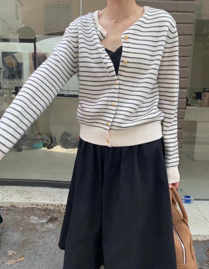 Women's 100% Pure Wool Striped Cardigan with Gold Buckle - Korean Style Versatile Knitwear Sweater