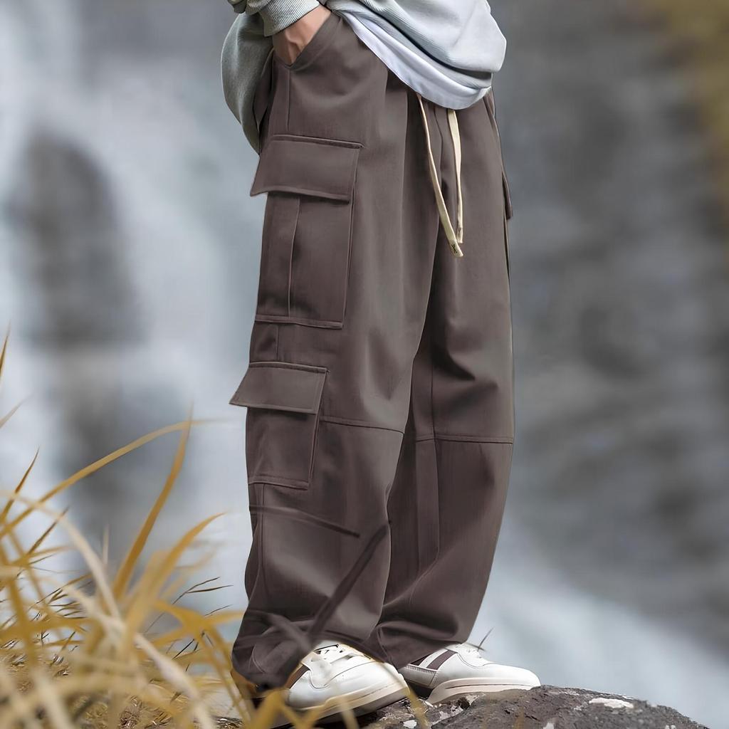 Men's Loose Casual Multi-pocket Work Pants, Youth Stretch Waist Drawstring Pants