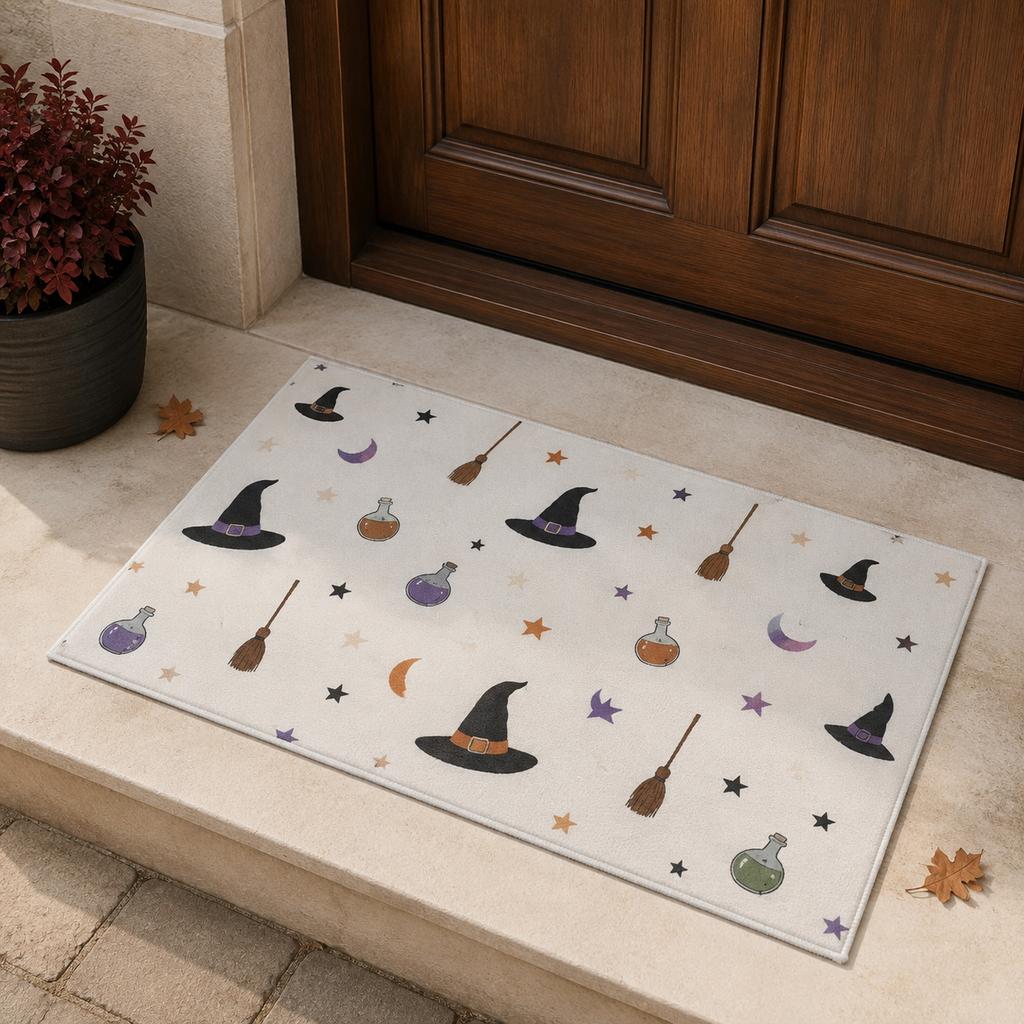 Custom Welcome Doormat Cute Witch Hat Halloween Doormat Magic Potion Broom Star Moon Print Welcome Rug Non‑Slip Indoor Entrance