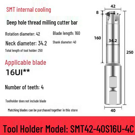 Deep Hole Internal Thread Milling Cutter with Coolant, Imperial/Metric Shank, US 11UI/16UI