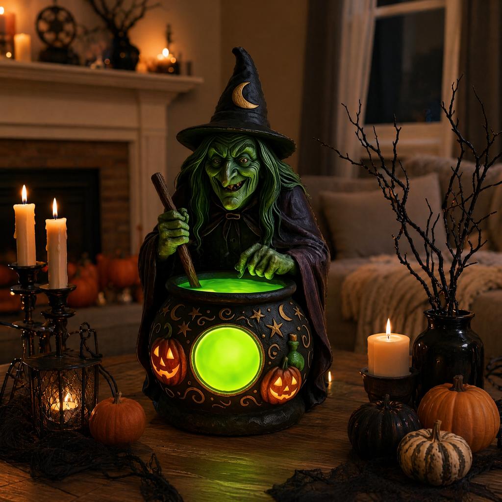 Scary Resin Witch Cauldron LED Lamp Halloween Glowing Decoration Spooky Night Light for Home Party Outdoor Store Haunted House