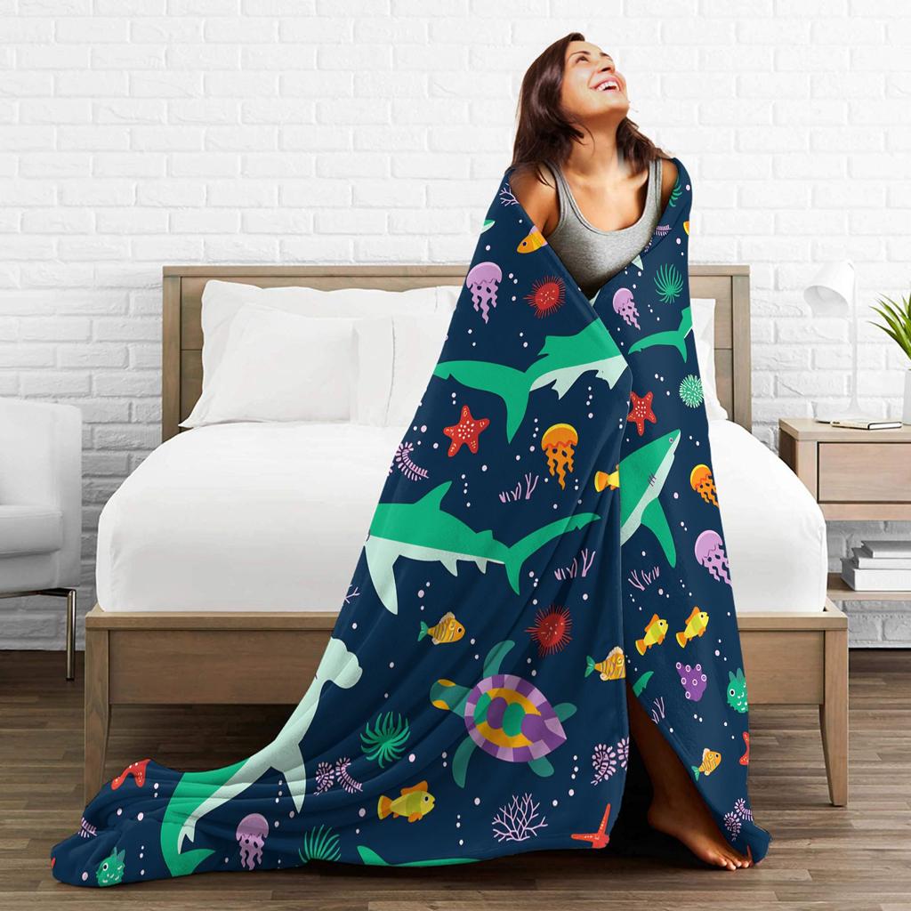 Cute Sharks Warm Soft Blanket  Airplane Travel Plush Throw Blanket Novelty Couch Bed Flannel Bedspread Sofa Bed Cover