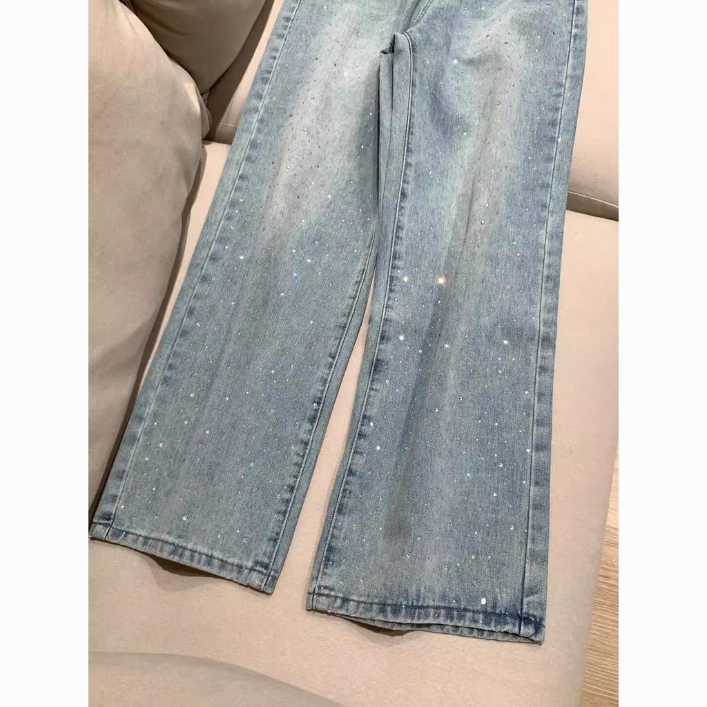 Damen Jeans Gerade Diamanten Hose Stretch Hohe Taille Gewaschen Mom Jeans Y2k Streetwear Hosen Vintage Denims Streetwear