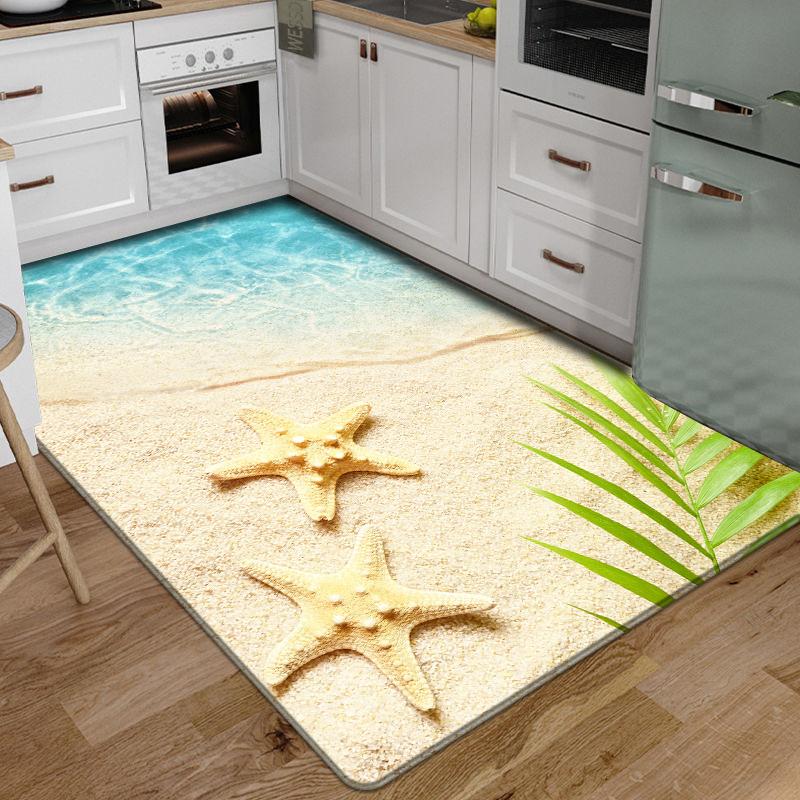 3D Floor Mat Rugs Kitchen Beach Waves Runner Carpet Kitchen Washable Non-slip Living Room Carpet Marine Bath Mat Absorbent
