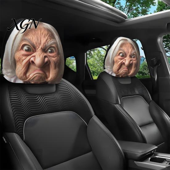 Auto Interior Accessories 2Pcs Funny Granny Face Car Headrest Covers, Breathable Seat Vehicle Protector Protectors, Stretchy Universal for SUV