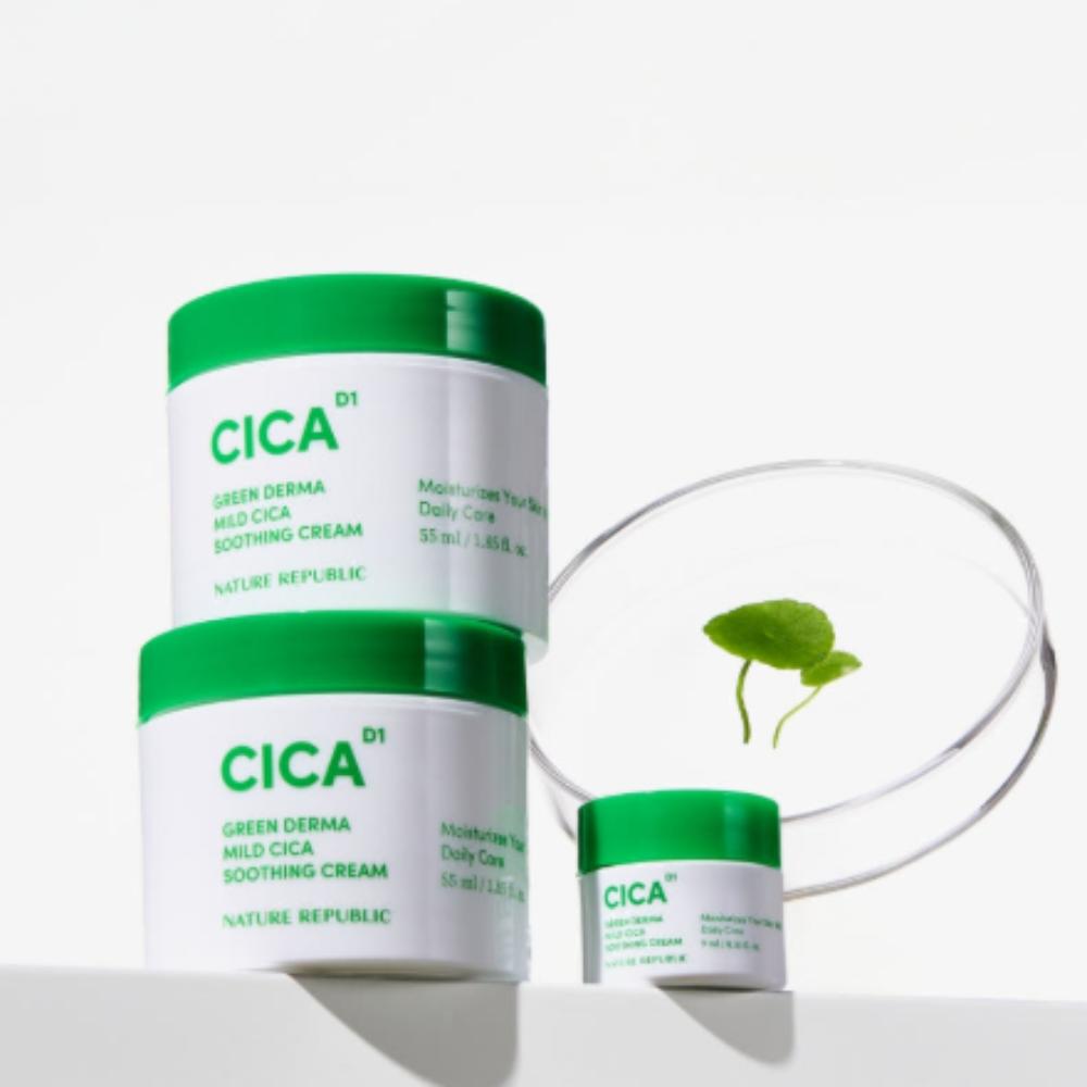 

NATURE REPUBLIC Набор успокаивающего крема Green Derma Mild Cica 55 мл x2 + 9 мл Низкораздражающий успокаивающий и увлажняющий крем для чувствительной кожи