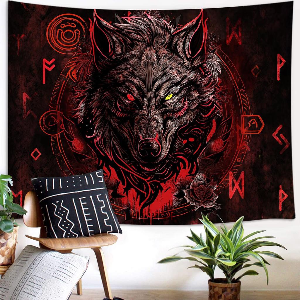 Viking Wolf Tapestry, Norse Mythology Runes Ancient Red Tapestries, Meditation Medieval Mystery Animals Ancient Art Tapestry for