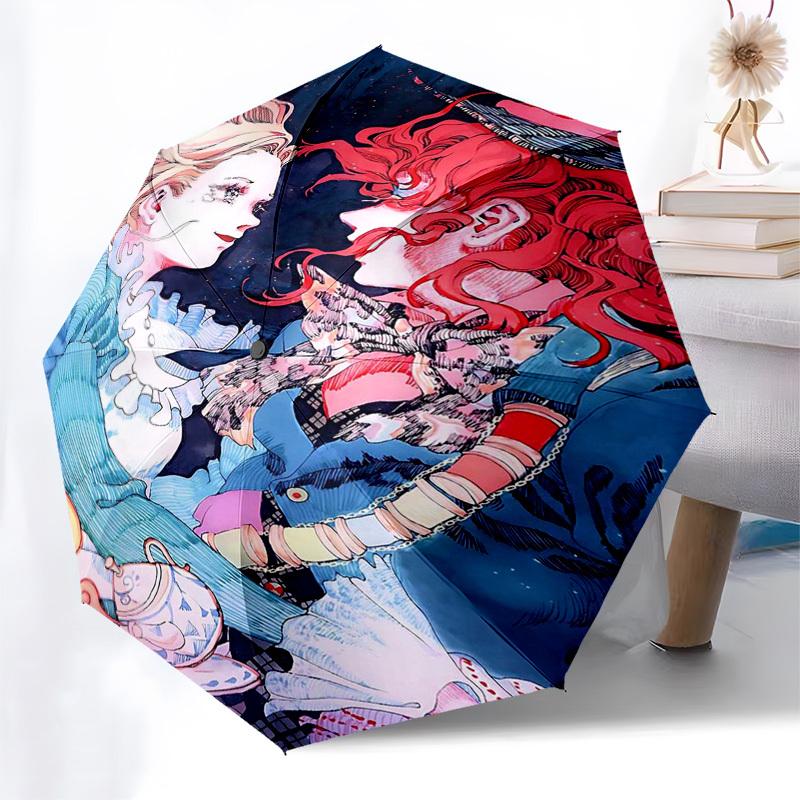 

1pc Fantasy Wonderland Automatic Opening/Closing Umbrella with Alice in Wonderland Print, Portable Folding Design, 8-Rib Iron Frame Outdoor Umbrella f