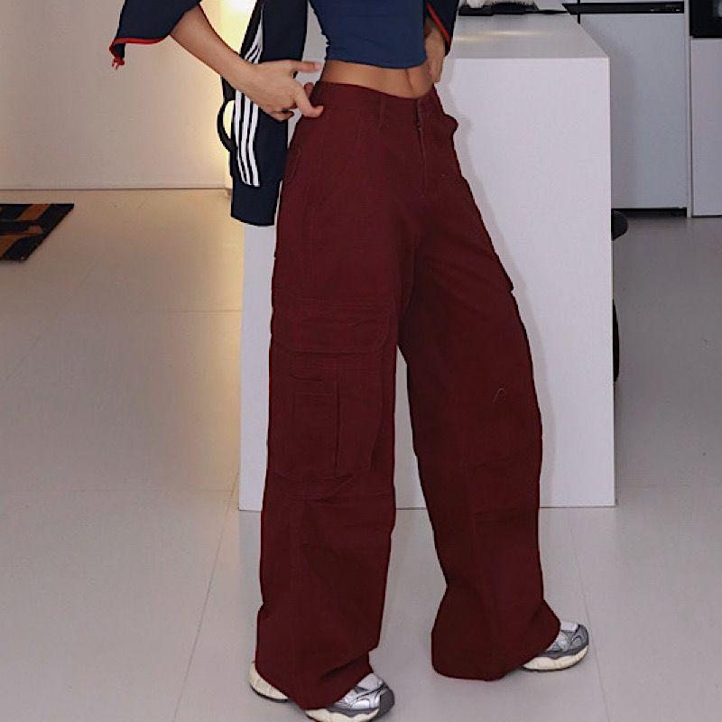 [American] Vintage Multi-pockets Patchwork Loose Cargo Gyaru Straight Wide-Leg Pants