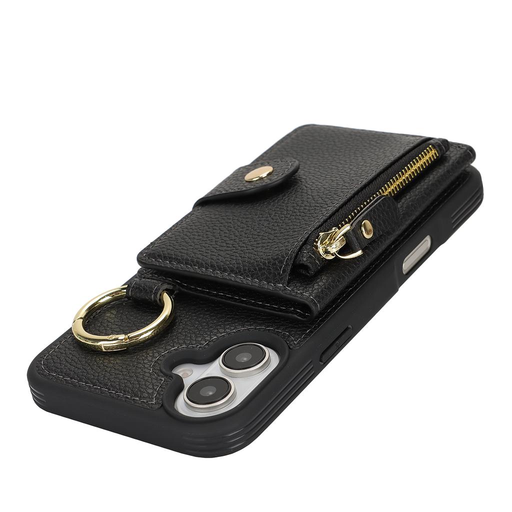 Für iPhone 16 Plus Hülle Litschi-texturiertes PU-Leder+TPU Ständer Handyhülle mit Kartenfach