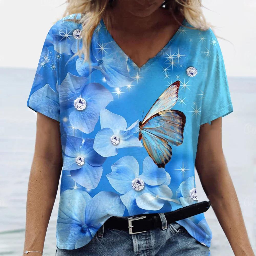 Summer Fashion Butterfly Flower T-Shirts 3D Print Women Short Sleeve V-Neck T Shirt Casual Top Y2k Harajuku Tees Female Clothing