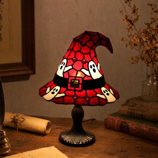 Lampa v podobě čarodějnického klobouku z vitráže, Ručně vyráběná retro pryskyřičná čarodějnická lampa, Gotická noční lampa v podobě čarodějnických klobouků napájená přes USB, Halloweenská dekorace do domácnosti