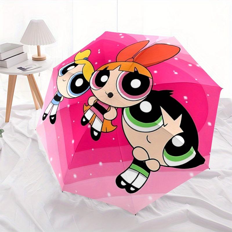 

1pc Powerpuff Cartoon Character Fully Automatic Folding Portable Umbrella, 8 Iron Frames, Three-Fold Design, Suitable for All Seasons, Suitable for Ou
