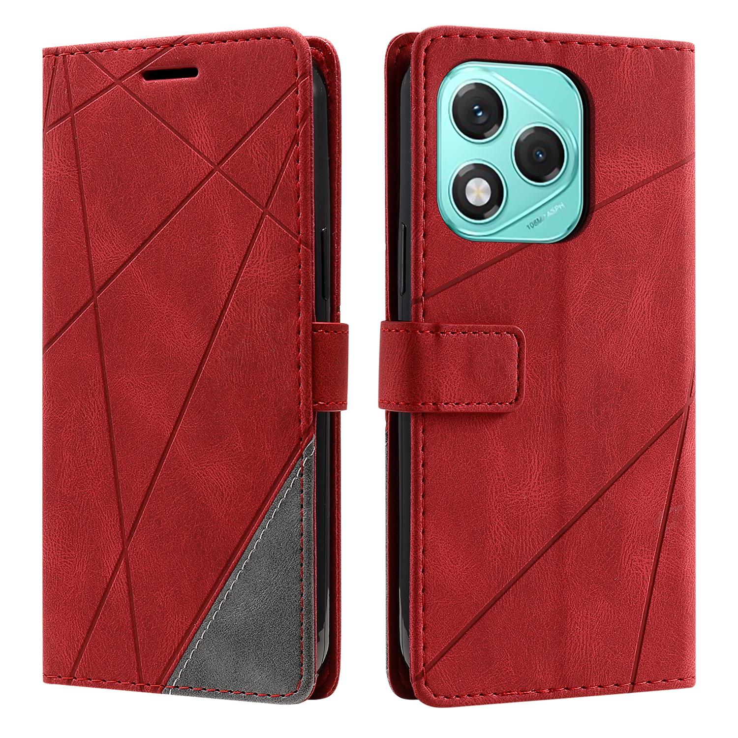 

Phone Case For Honor 400 Lite 5G/X70i/X60i 5G,Imprinted Lines PU Leather Splicing Wallet Cover with Wrist Strap Red